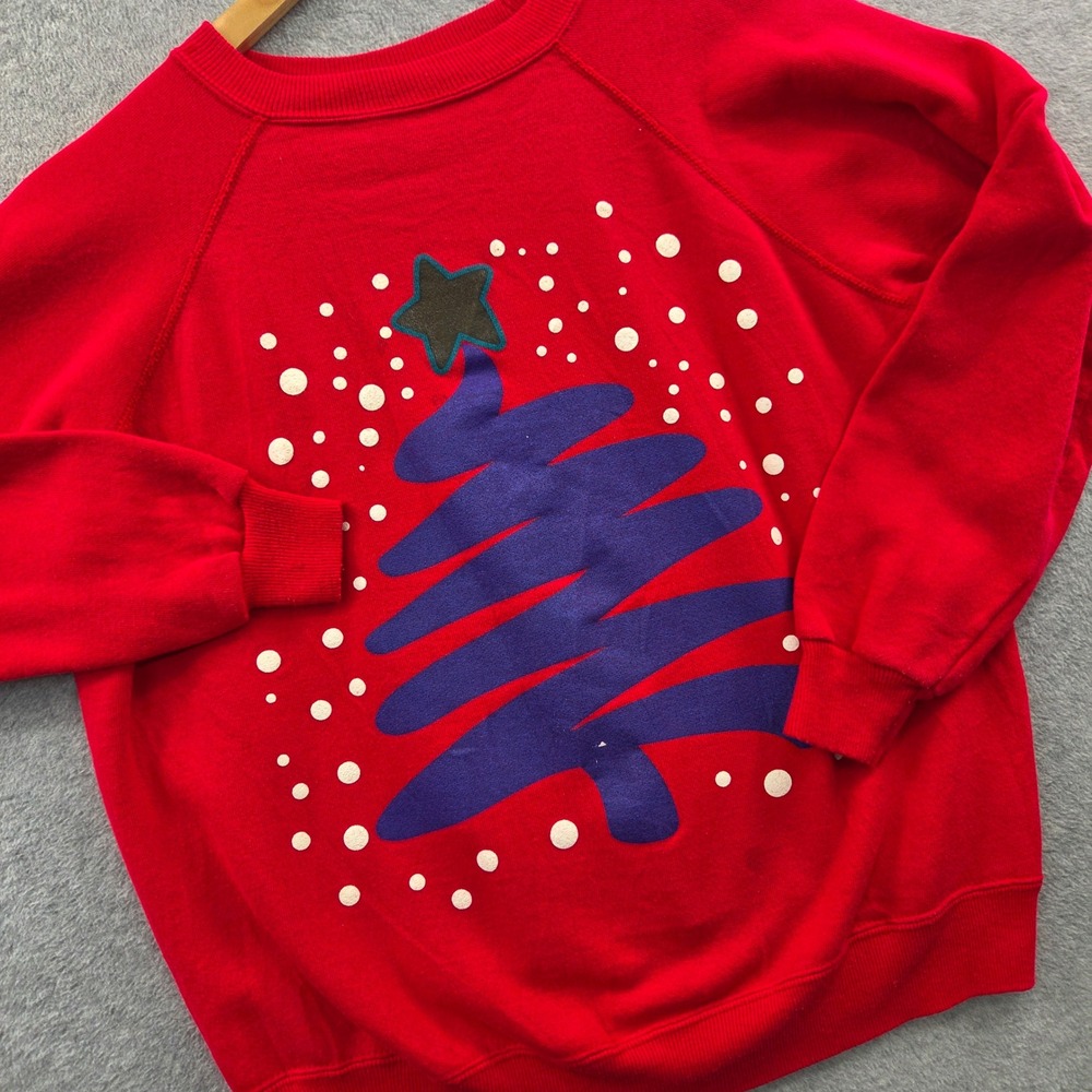 VINTAGE Grandmacore Whimsy Christmas Tree Sweatshirt HANES HER WAY Womens M Red